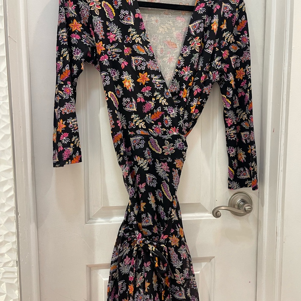Diane Von Furstenberg Floral Long Sleeve Dress - Black and Multicolor